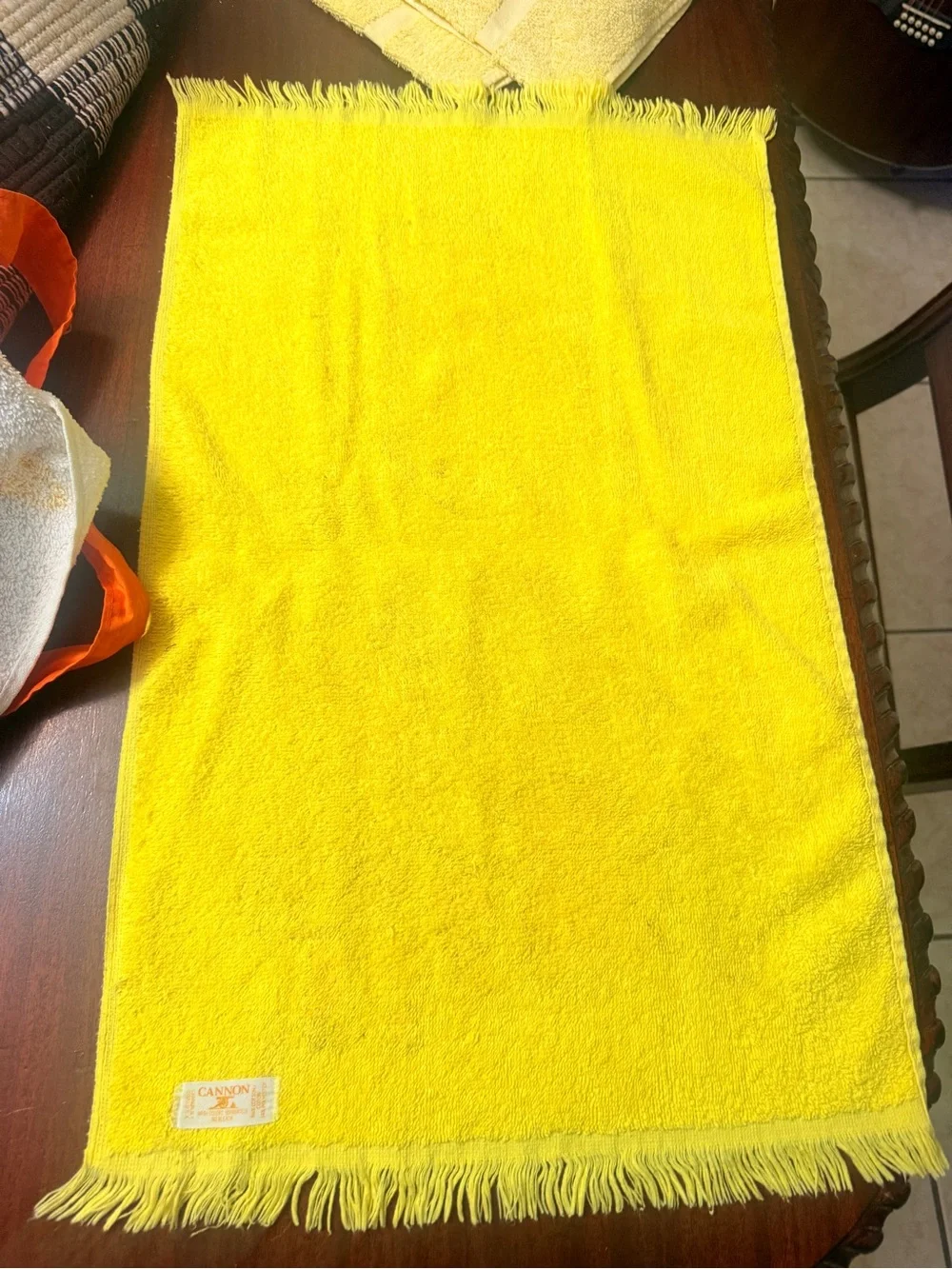 3pc SET VTG 1970s Mushroom Towel Apron‎ Kitchen Towel Yellow Crochet Top Towel